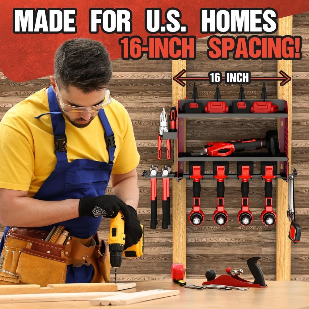 Veitorld Power Tool Organizer with Charging Station - 4 Drill Holders - Heavy Duty Modular Wall Mount Rack for Garage, Tool Storage Organizer - Christmas Birthday Gifts for Men Dad Him Husband - Image 5