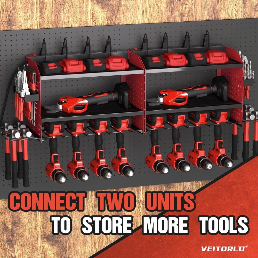 Veitorld Power Tool Organizer with Charging Station - 4 Drill Holders - Heavy Duty Modular Wall Mount Rack for Garage, Tool Storage Organizer - Christmas Birthday Gifts for Men Dad Him Husband - Image 8