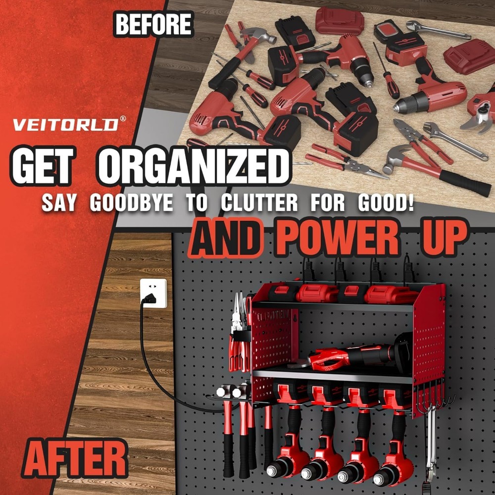 Veitorld Power Tool Organizer with Charging Station - 4 Drill Holders - Heavy Duty Modular Wall Mount Rack for Garage, Tool Storage Organizer - Christmas Birthday Gifts for Men Dad Him Husband - Image 9